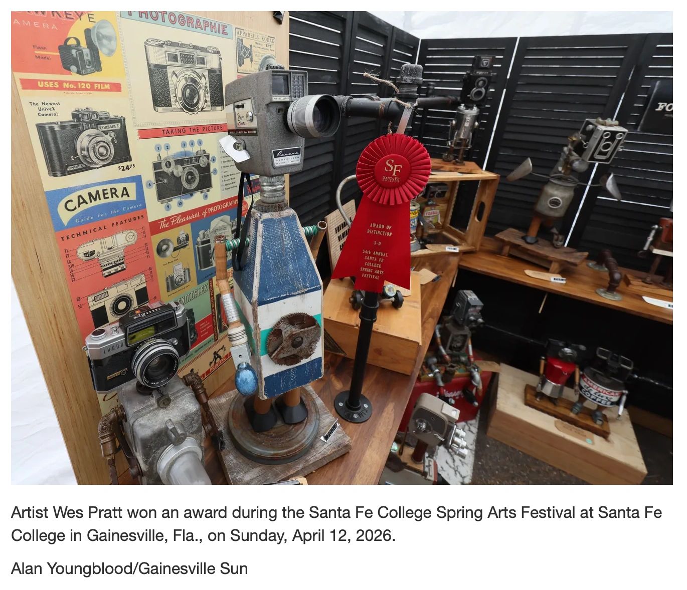 Creative camera-themed sculptures with award ribbons on display at an art festival.