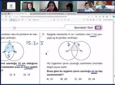 Online math lesson showing a geometry problem with circles and triangles.
