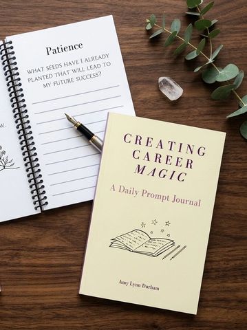 A journal on career prompts and a pen on a wooden table.