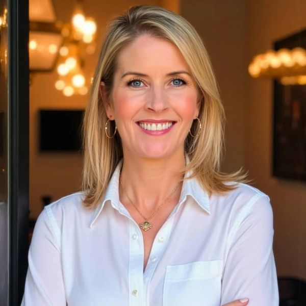 Smiling woman in white shirt with blonde hair.