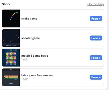 List of free games including snake, shooter, match 3, and brick game.