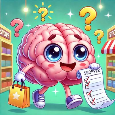 Cartoon brain holding a shopping list and bag, representing ADHD-friendly organization, planning, an