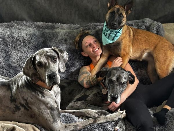 A woman joyfully cuddles three large dogs on a cozy couch.