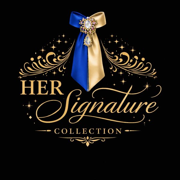 Elegant logo of Her Signature Collection with gold and blue ribbon design on black.