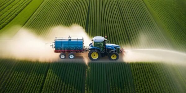 Tractor spraying crops in a field at sunset.