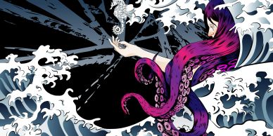 G.Kaaihue illustration of a woman with Hokusai styled waves holding a flying seahorse.
