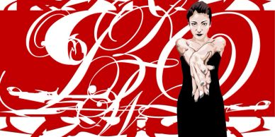 G.Kaaihue illustration of a woman with hands in extreme foreshortened perspective.