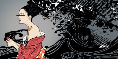G.Kaaihue illustration of a woman in a kimono holding a Japanese charm.