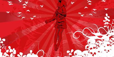 Silhouette of a person with birds and skulls on a red background.