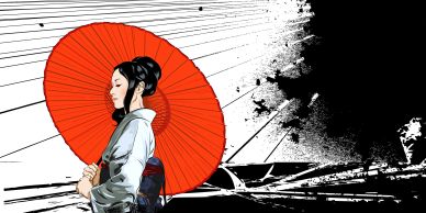 G.Kaaihue illustration of a Japanese woman in a kimono, holding a red umbrella