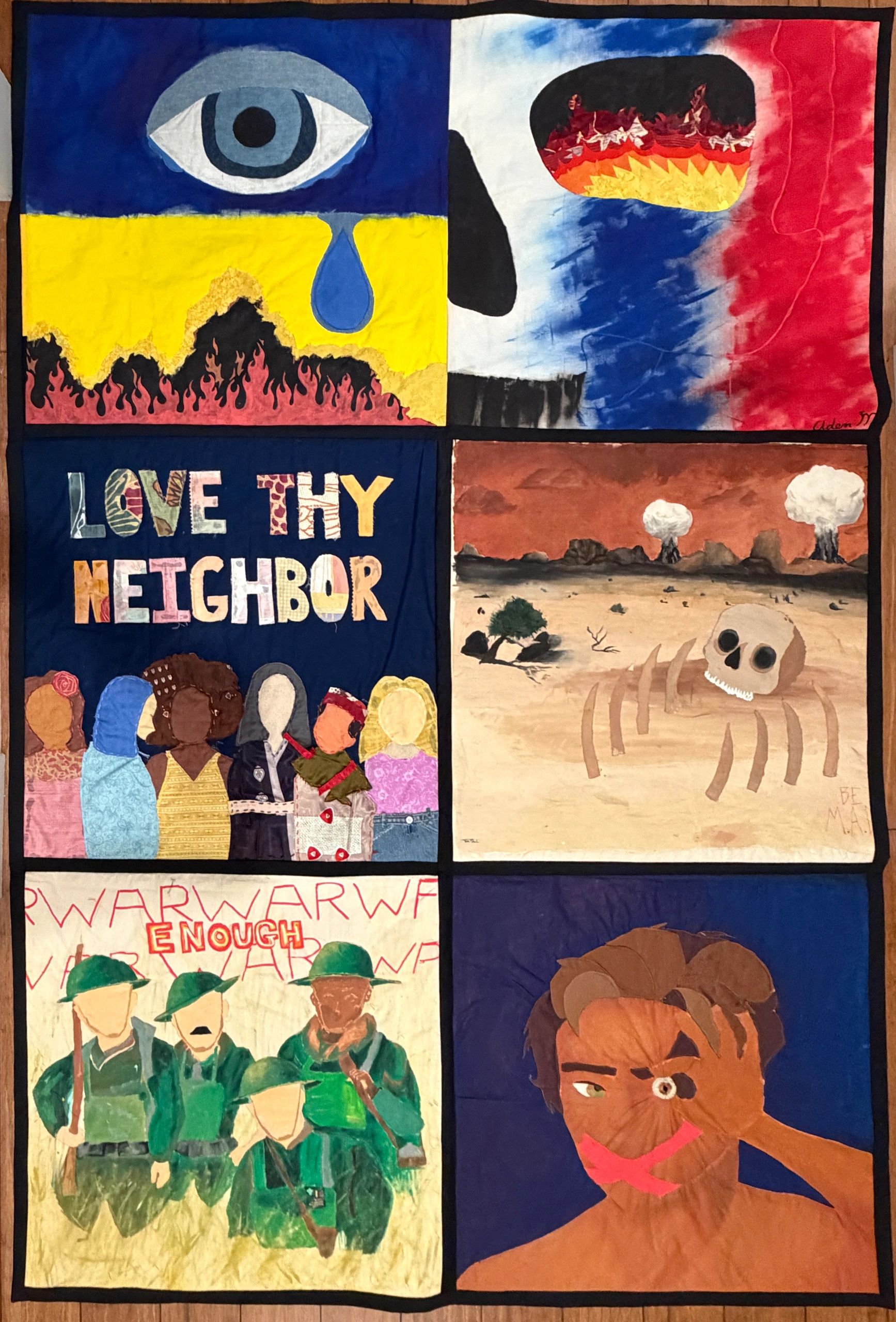 Quilt panels depicting war, peace, and social messages.