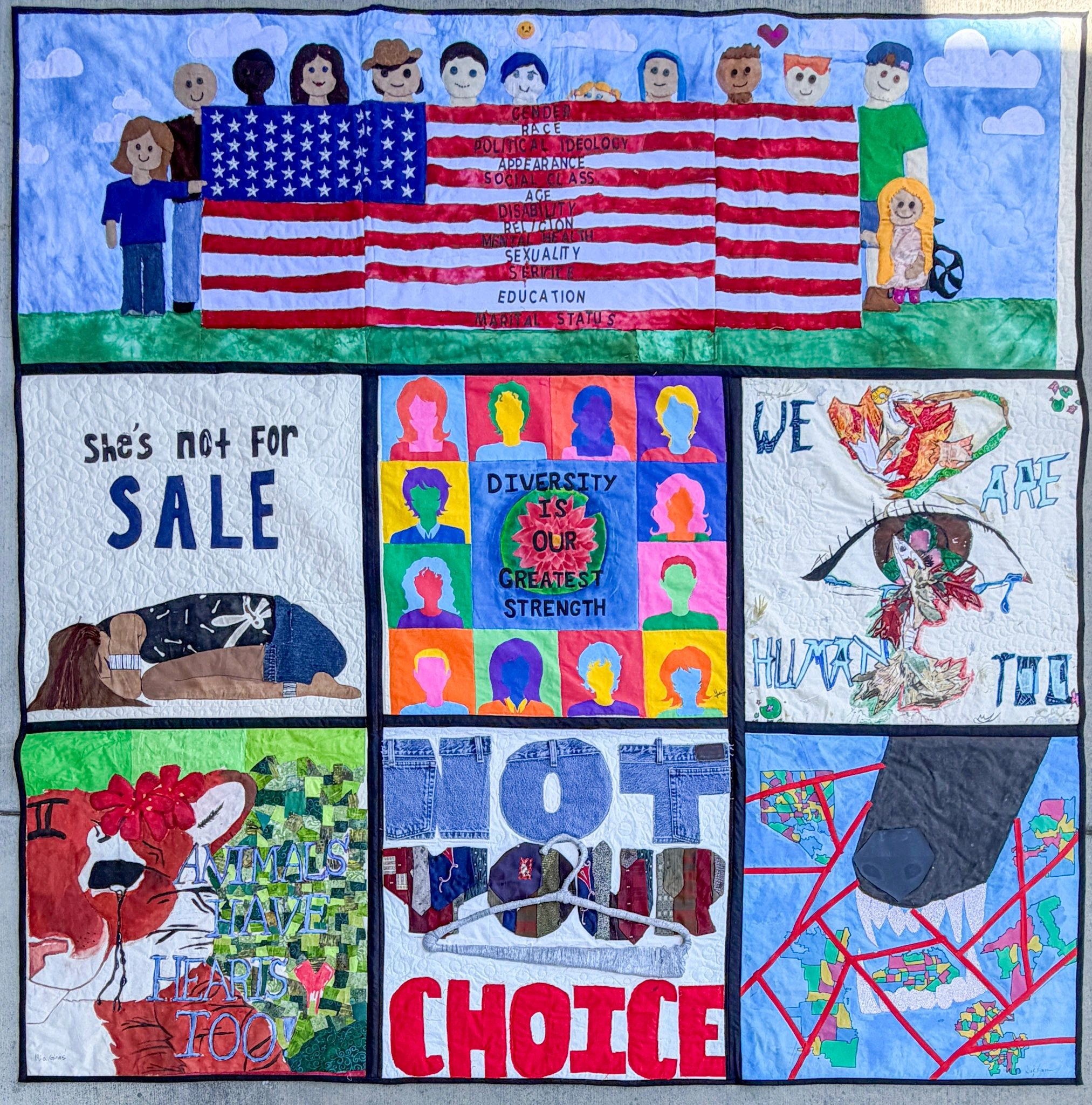 Quilt panels showing diverse messages of equality, diversity, and choice.