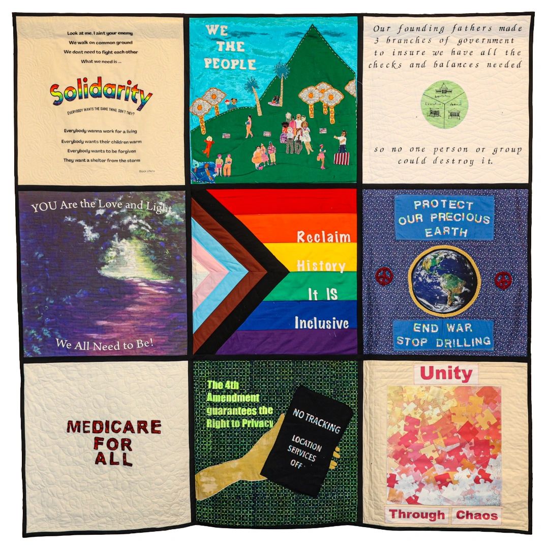 A quilt with nine panels expressing unity, justice, and environmental care messages.