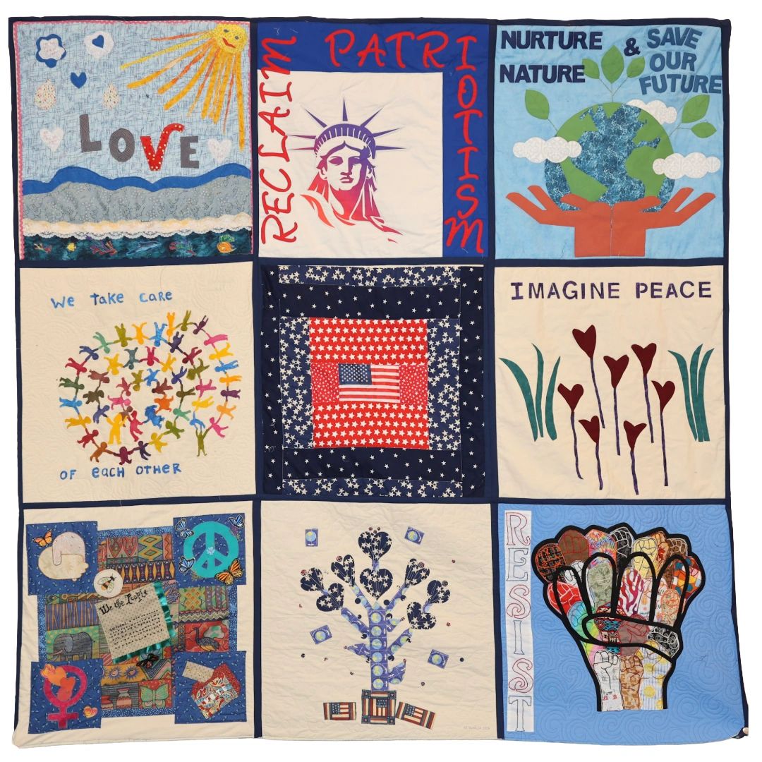 A quilt with nine panels depicting love, patriotism, nature, peace, and resistance themes.