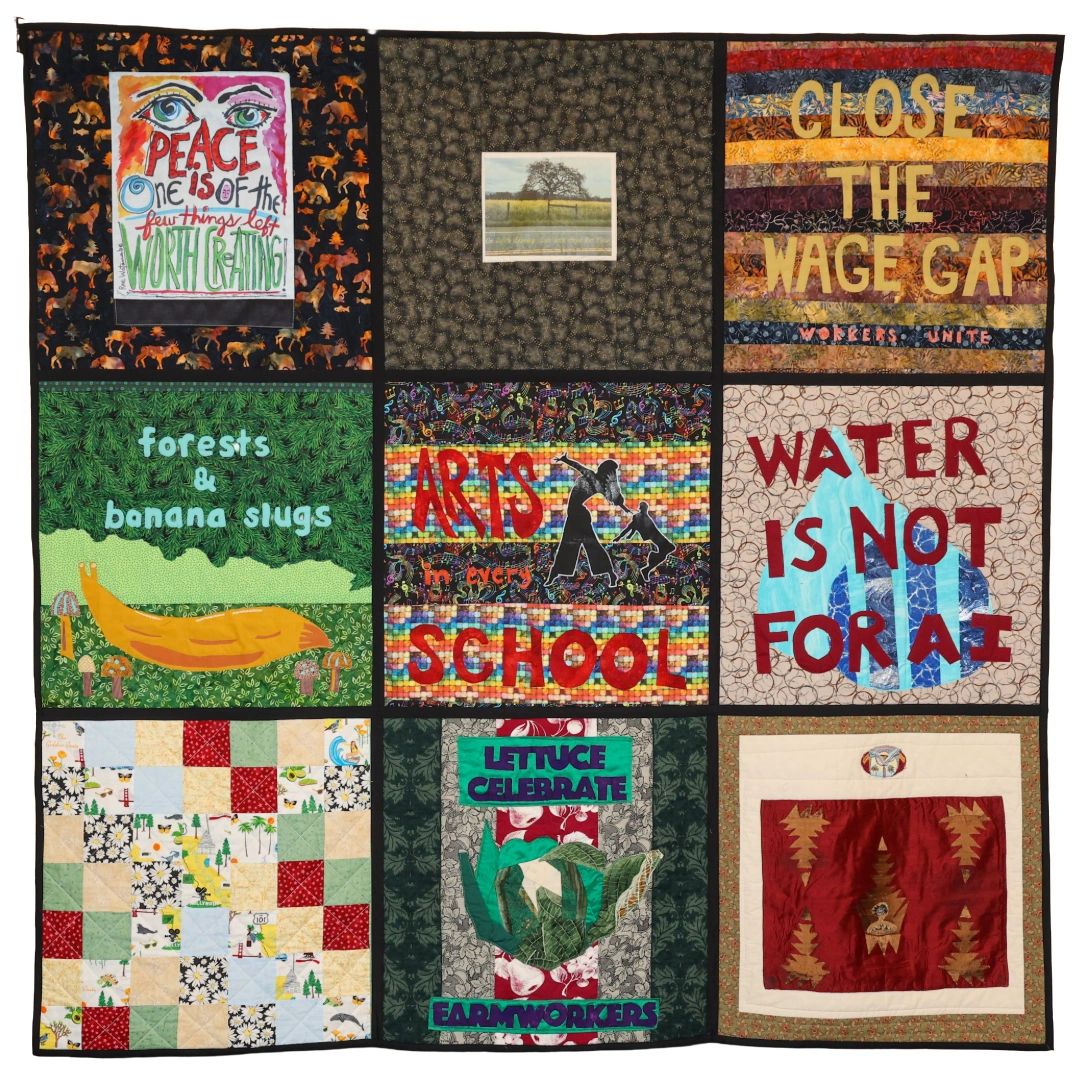 A colorful quilt with nine panels featuring social and environmental messages.