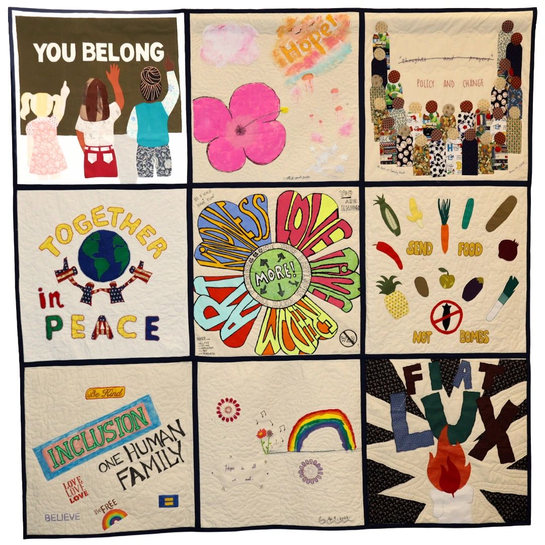 A quilt with nine panels promoting love, peace, inclusion, and hope.