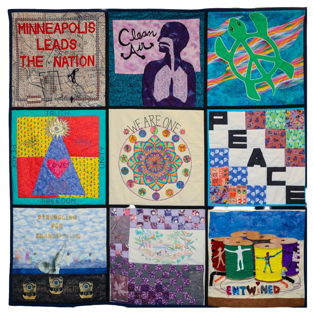 A colorful quilt with nine panels promoting peace, unity, and clean air.