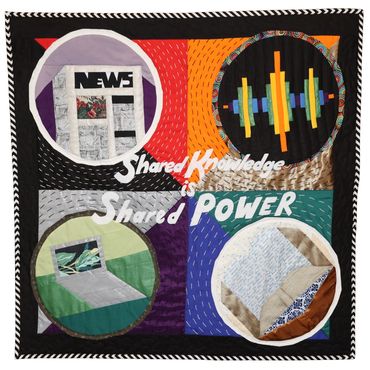 Colorful quilt with four circular images and the text 'Shared Knowledge Shared Power'.