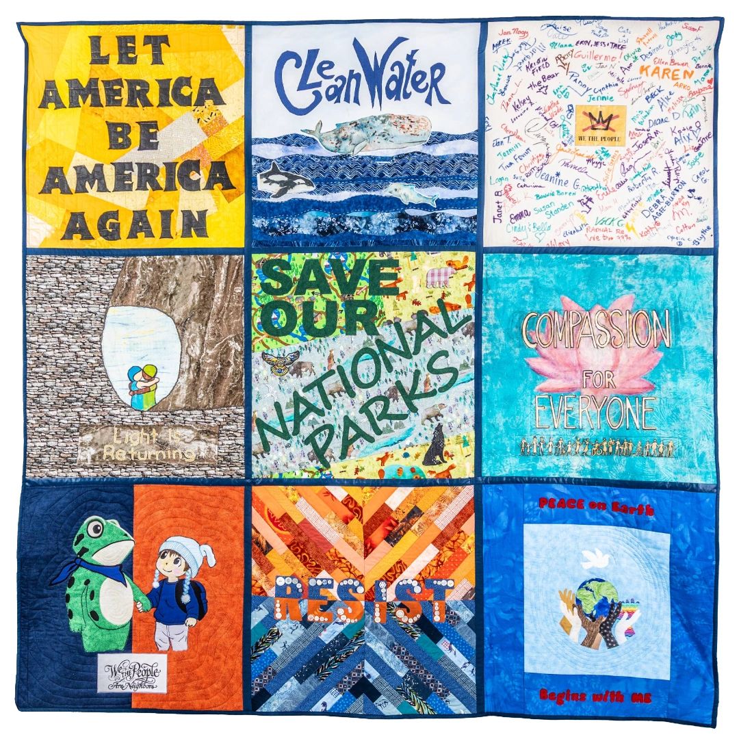 Quilt with nine panels advocating for love, environment, and peace.