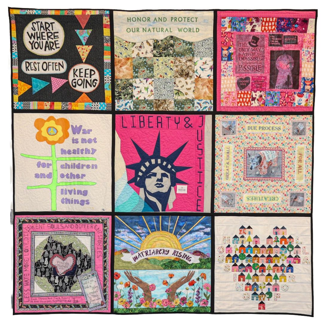 A colorful quilt with nine panels displaying messages on peace, justice, nature, and community.