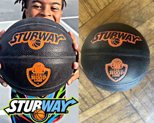 Two views of a black basketball with orange STURWAY logo.