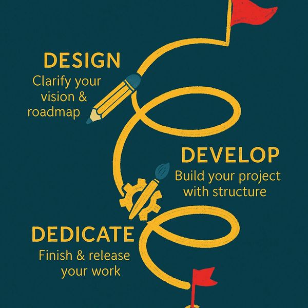 A creative roadmap illustrating design, development, and dedication steps with icons and flags.
