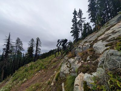 Mountain biker descending a rocky slope in a forested area.