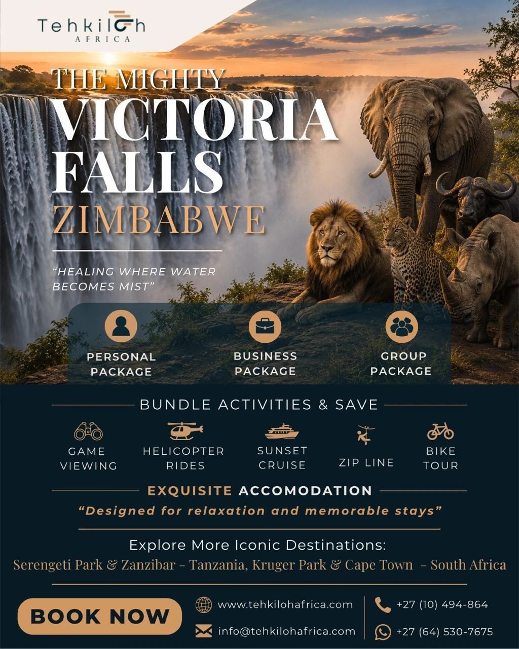 Victoria Falls Zimbabwe travel package with wildlife, helicopter rides, and sunset cruises.