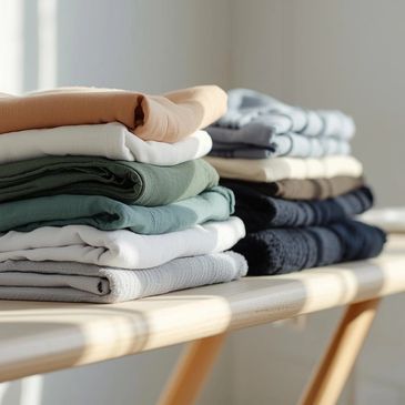 Neatly folded sweaters in various colors stacked on a wooden bench.