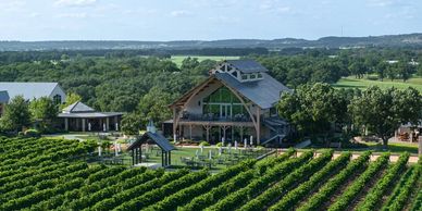 A scenic vineyard with rows of grapevines and a rustic wooden building.