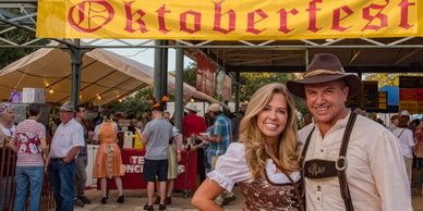 Couple in traditional Bavarian attire at Oktoberfest celebration.