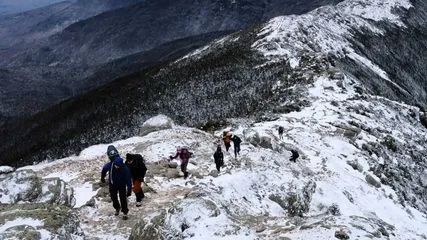 People on a mountain surrounded by trees covered with snow