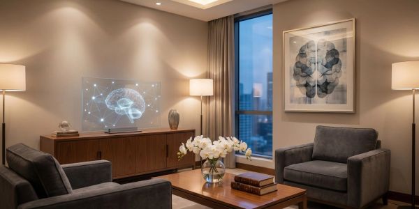 Sala moderna con decoración elegante y holograma de cerebro.