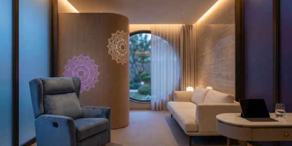 Sala moderna con iluminación cálida y decoración minimalista.