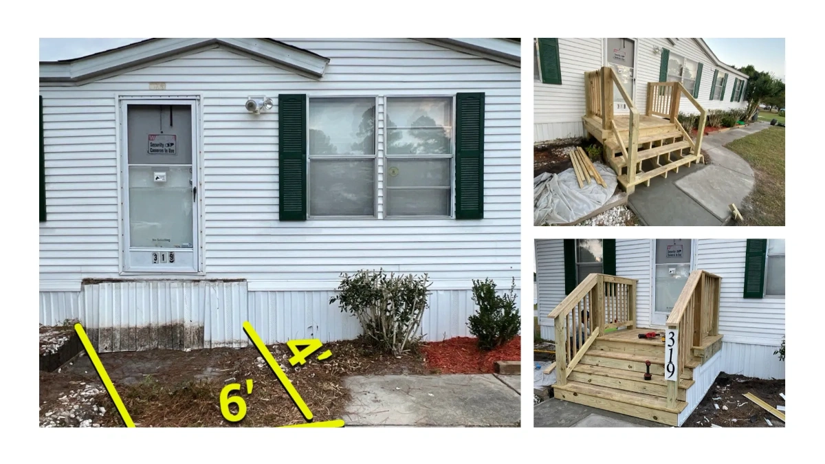 Side-by-side images showing a mobile home entrance before and after new wooden stairs installation.