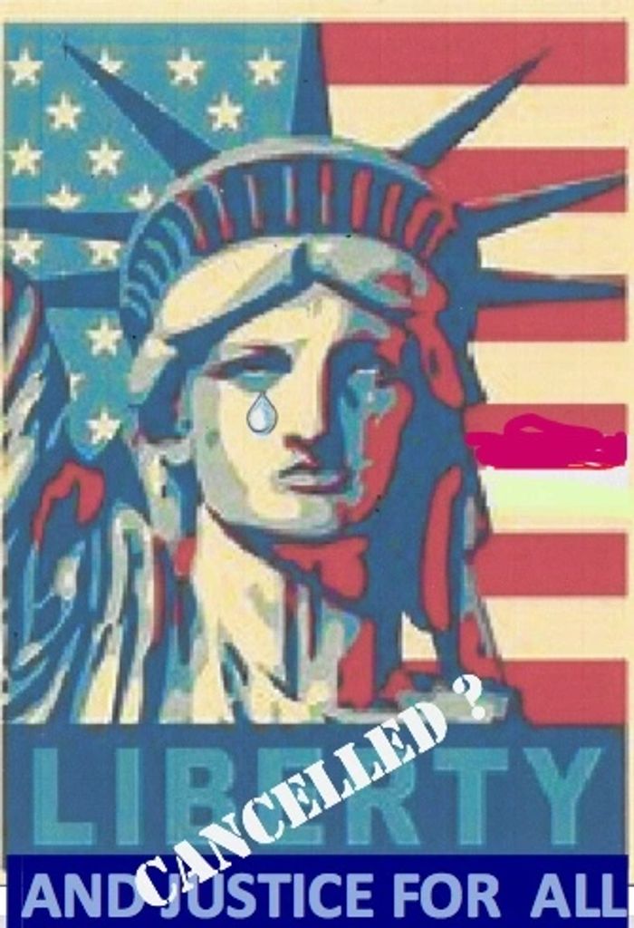 Weeping Statue of Liberty superimposed on an American flag; "Liberty Cancelled?"