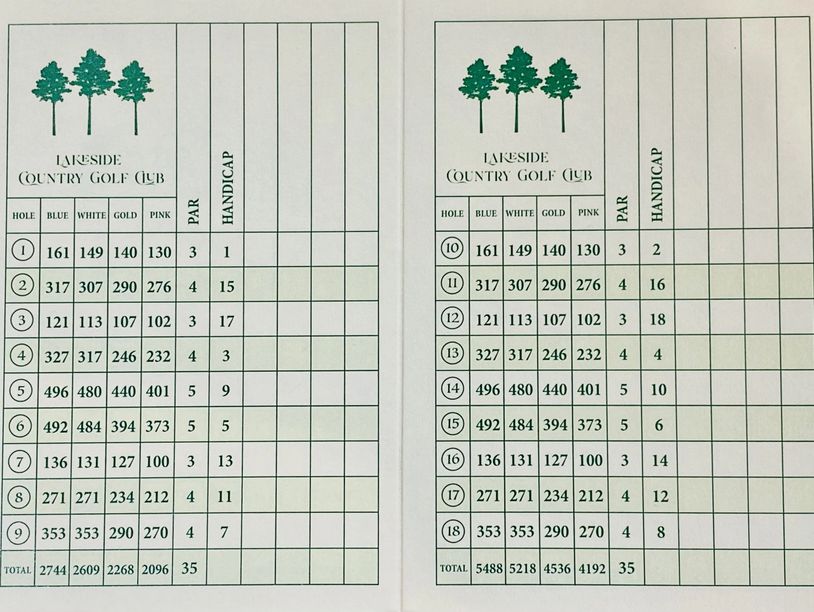 Score Card Lakeside Country Golf Club