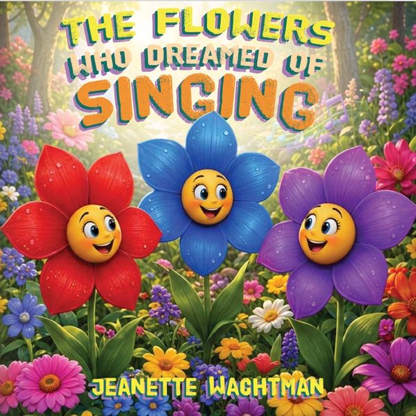 Happy singing flowers illustrated on a colorful book cover.