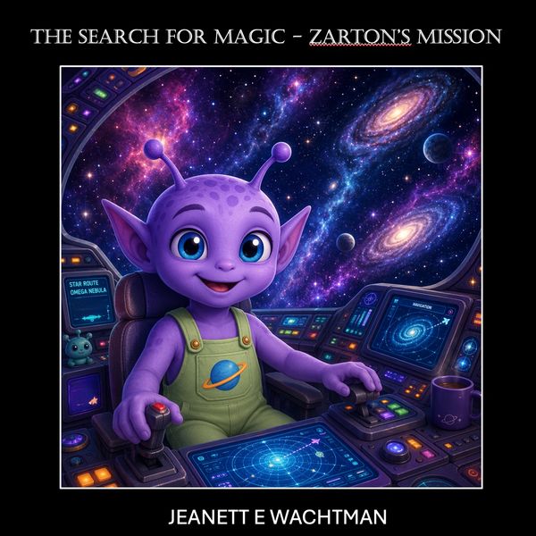 A purple alien pilot in a spaceship cockpit with galaxies outside.