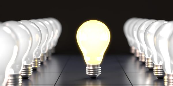 One glowing light bulb among many unlit bulbs.