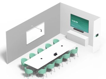 Modern conference room with boardroom table and screen.