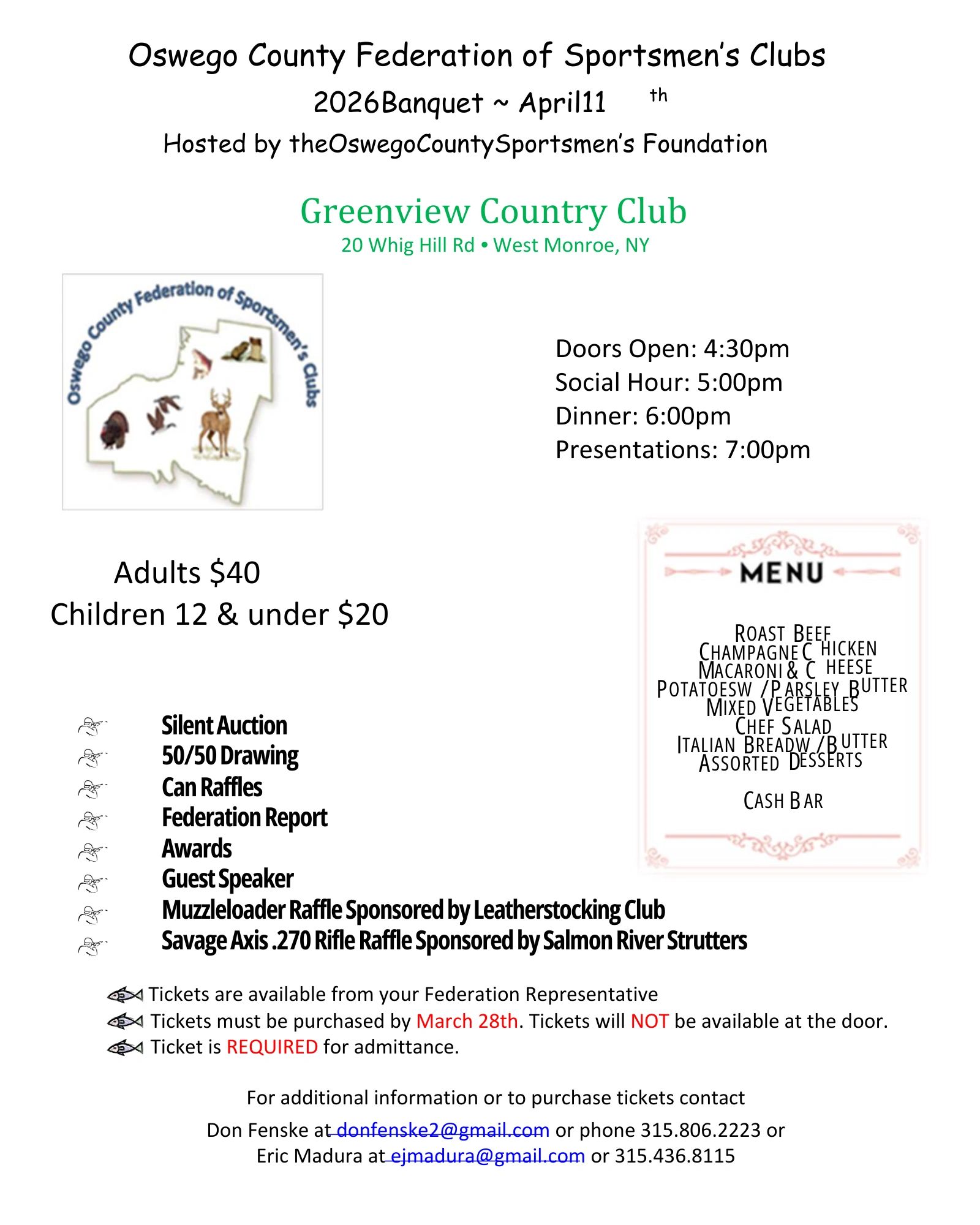 Flyer for Oswego County Sportsmen's Clubs 2026 Banquet at Greenview Country Club with dinner and raffles.