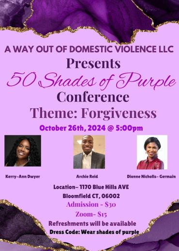 Conference flyer for '50 Shades of Purple' on forgiveness with speakers and details.