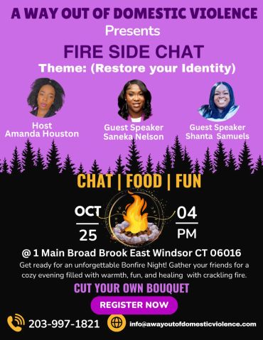 Flyer for a fire side chat event on restoring identity from domestic violence.