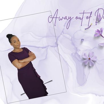 Confident woman in a purple dress with floral and abstract purple background.