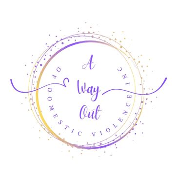 Elegant circular logo reading 'A Way Out of Domestic Violence' with decorative swirls.