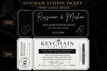 Elegant black and white keychain station ticket design for a wedding photobooth experience.