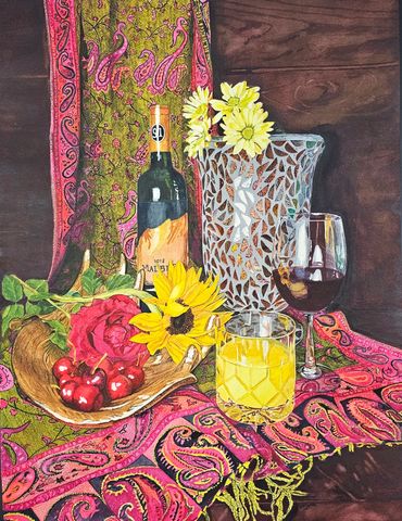 wine and vase; wine and cherries; wine and flowers; still life; wall decor; fine art; shawl and vase