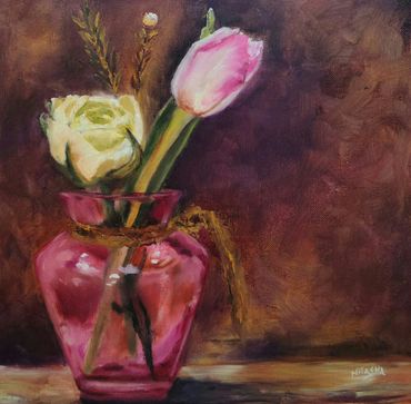 Oil painting, still life, pink Vase, pink flowers, wall art, wall decor, floral art, still life art