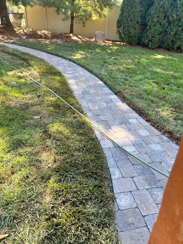 Curved stone pathway in a garden with green grass.